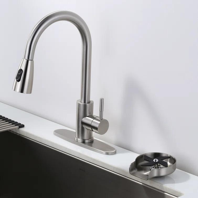 ARCORA Single Handle Stainless Steel Pull-Down Kitchen Faucet with Deckplate and Glass Rinser Combo