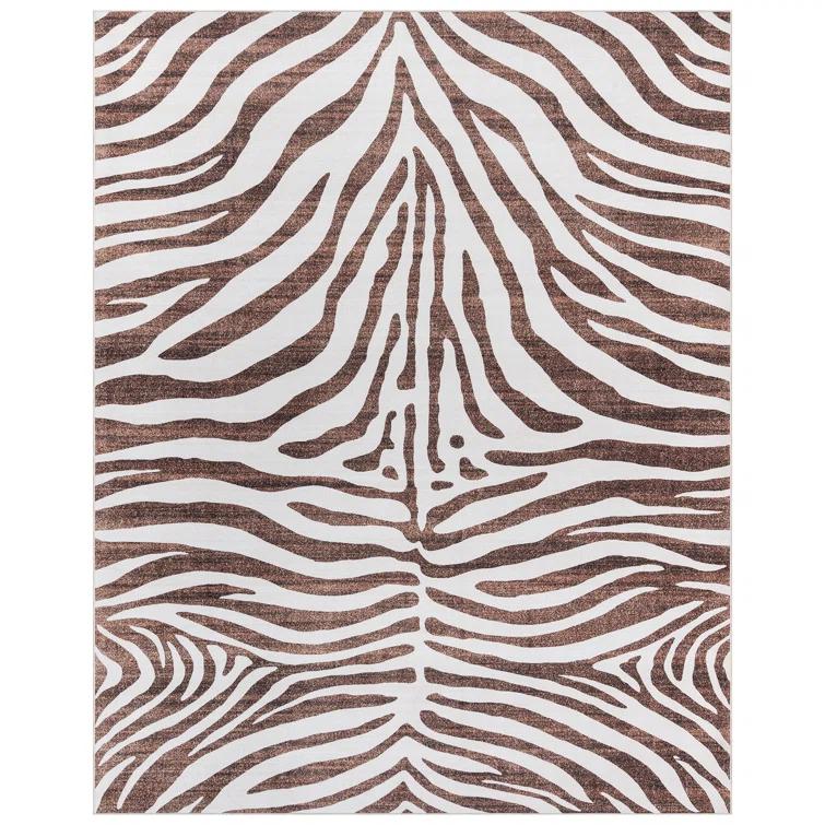 Gertmenian Crystal Print Zebra Modern Animal Print Brown Cream Washable Flat Pile Indoor Area Rug