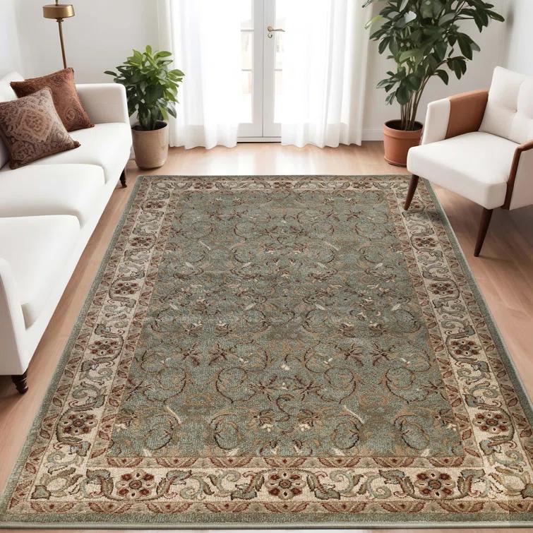 Traditional Oriental Floral Scroll Classic Vines Indoor Area Rug in Green