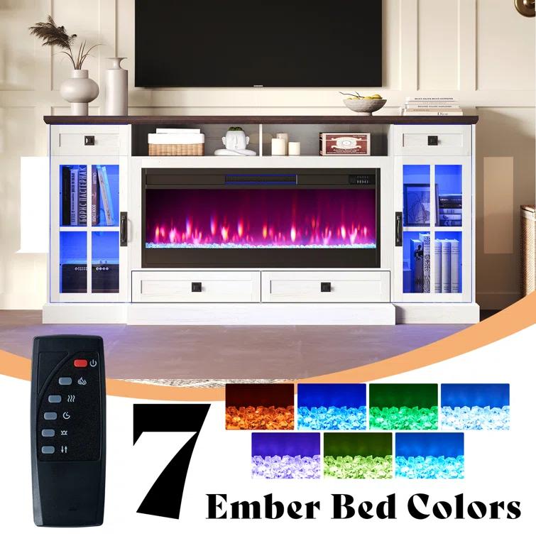 Keating 70" Farmhouse TV Stand 42" Electric Fireplace, LED Lights, Storage Drawers & Cabinets