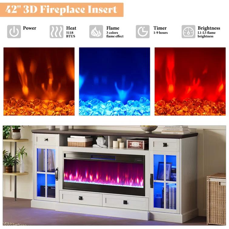 Keating 70" Farmhouse TV Stand 42" Electric Fireplace, LED Lights, Storage Drawers & Cabinets