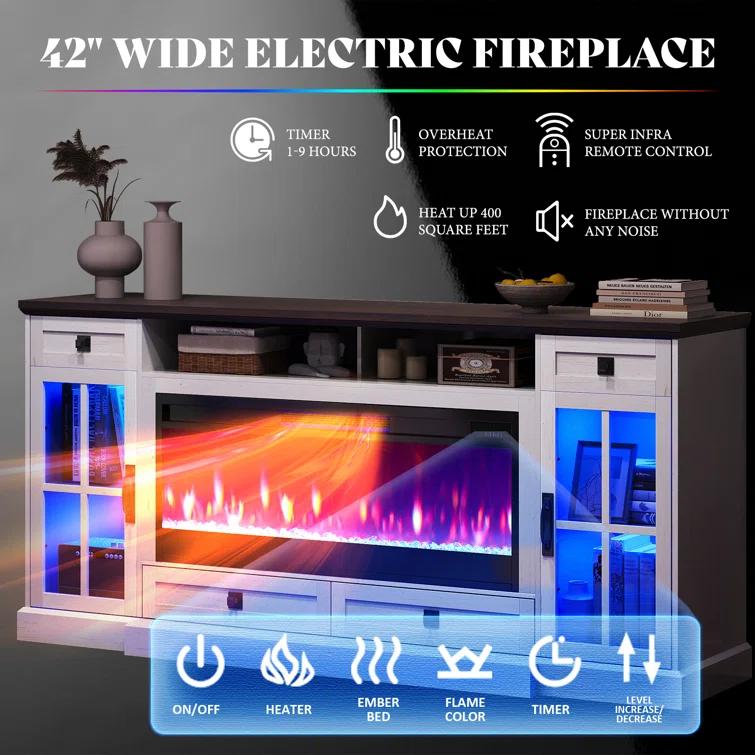 Keating 70" Farmhouse TV Stand 42" Electric Fireplace, LED Lights, Storage Drawers & Cabinets