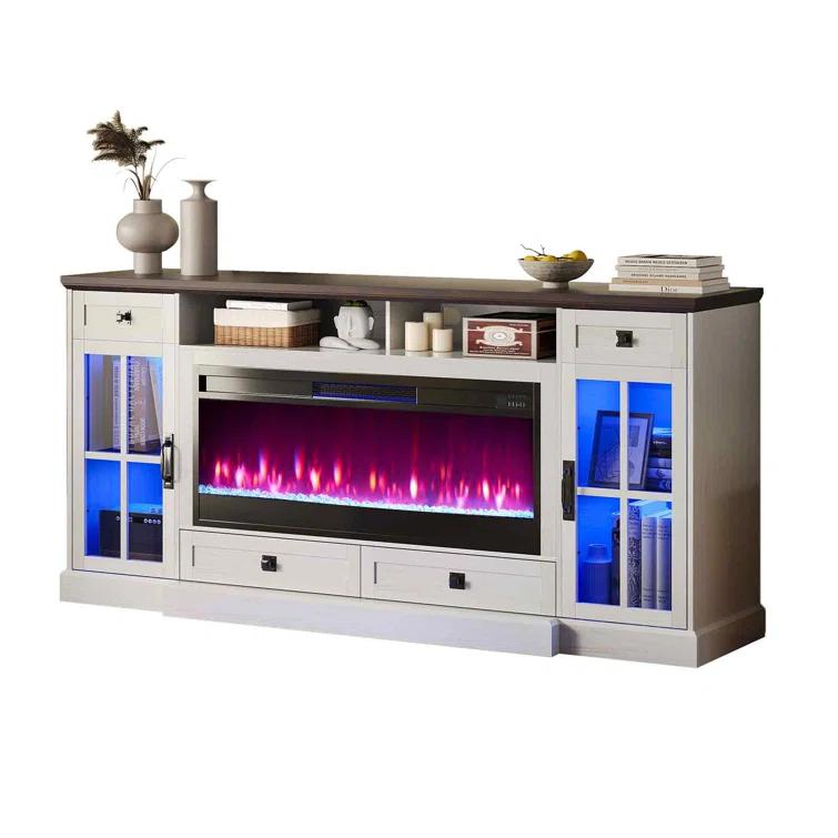 Keating 70" Farmhouse TV Stand 42" Electric Fireplace, LED Lights, Storage Drawers & Cabinets