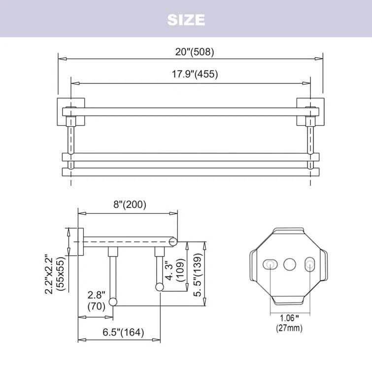 ARCORA AR5150101B-20 2-Tier Wall Mounted Stainless Steel Bathroom Towel Rack With 2 Towel Bars Square Rods