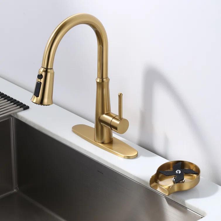 ARCORA Single Handle Stainless Steel Pull-Down Kitchen Faucet with Deckplate and Glass Rinser Combo