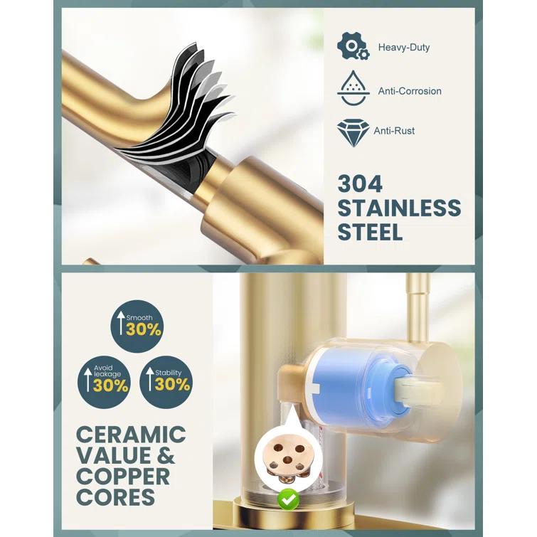 ARCORA Single Handle Stainless Steel Pull-Down Kitchen Faucet with Deckplate and Glass Rinser Combo