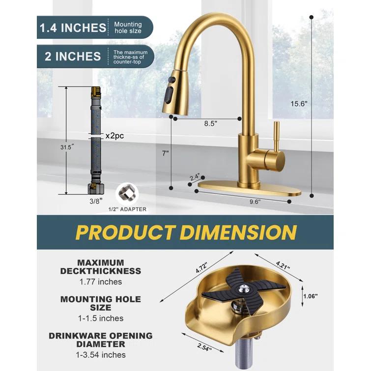 ARCORA Single Handle Stainless Steel Pull-Down Kitchen Faucet with Deckplate and Glass Rinser Combo