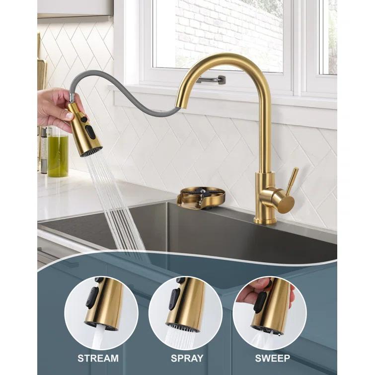 ARCORA Single Handle Stainless Steel Pull-Down Kitchen Faucet with Deckplate and Glass Rinser Combo