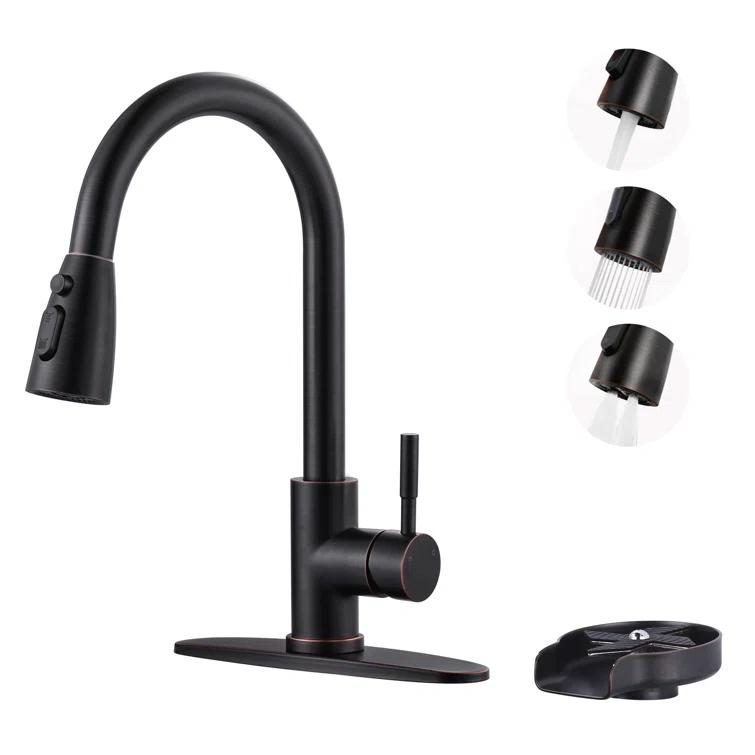 ARCORA Single Handle Stainless Steel Pull-Down Kitchen Faucet with Deckplate and Glass Rinser Combo