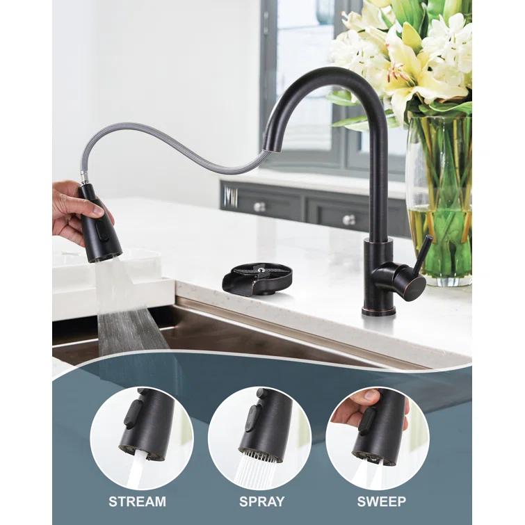 ARCORA Single Handle Stainless Steel Pull-Down Kitchen Faucet with Deckplate and Glass Rinser Combo