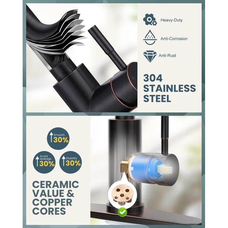 ARCORA Single Handle Stainless Steel Pull-Down Kitchen Faucet with Deckplate and Glass Rinser Combo