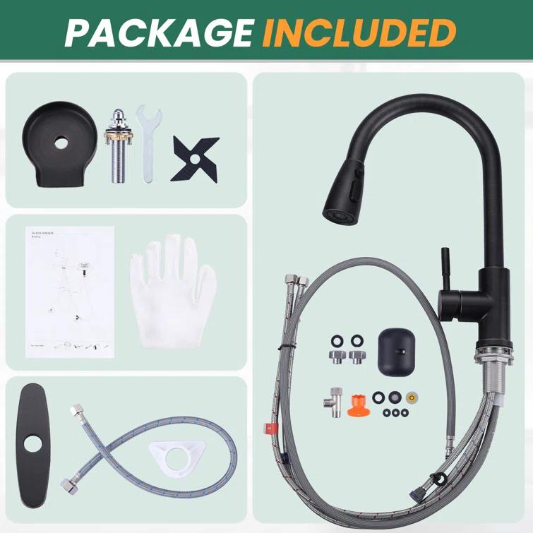 ARCORA Single Handle Stainless Steel Pull-Down Kitchen Faucet with Deckplate and Glass Rinser Combo