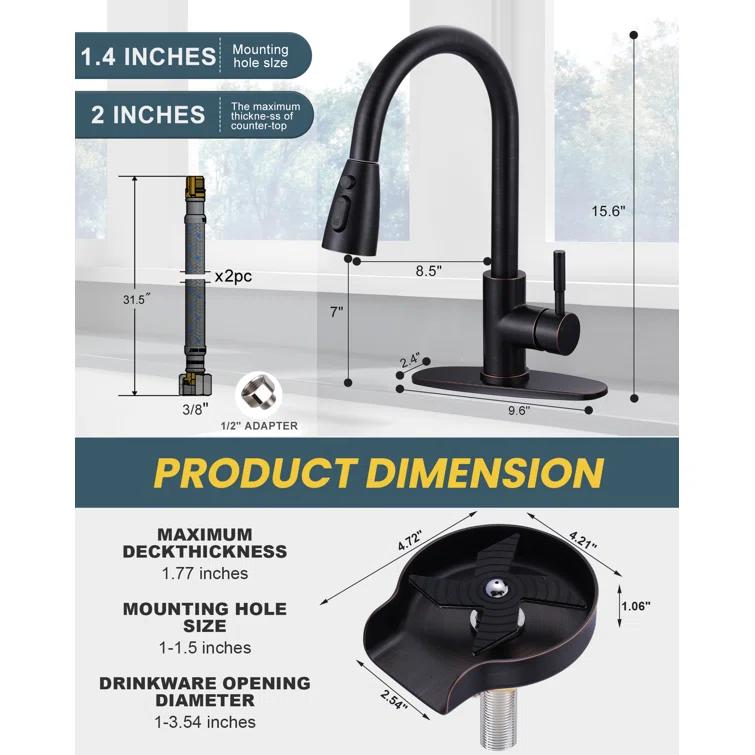 ARCORA Single Handle Stainless Steel Pull-Down Kitchen Faucet with Deckplate and Glass Rinser Combo