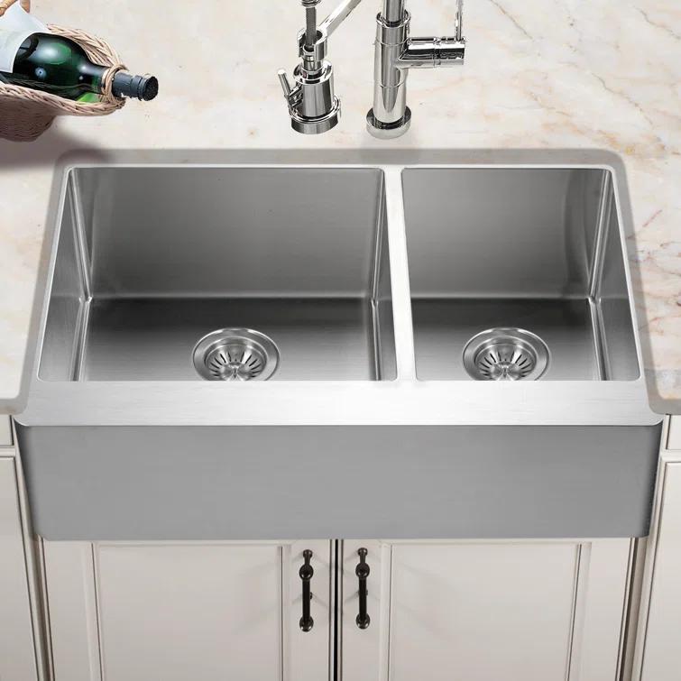 Epicure 33'' L Farmhouse / Apron Double Bowl Stainless Steel Kitchen Sink