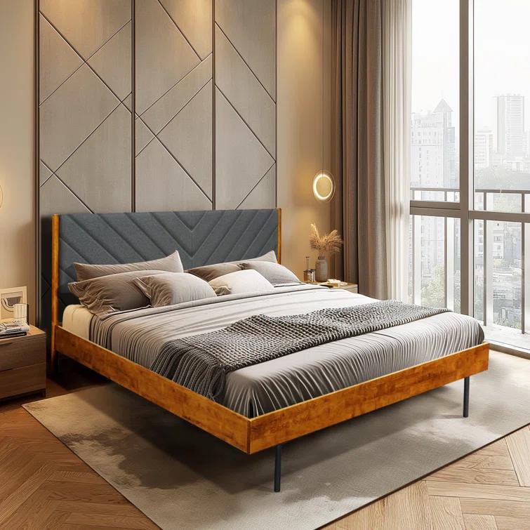 Felisha Solid Wood King Upholstered Bed Frame with Fabric Headboard, Contemporary Modern Upholstered Platform Bed