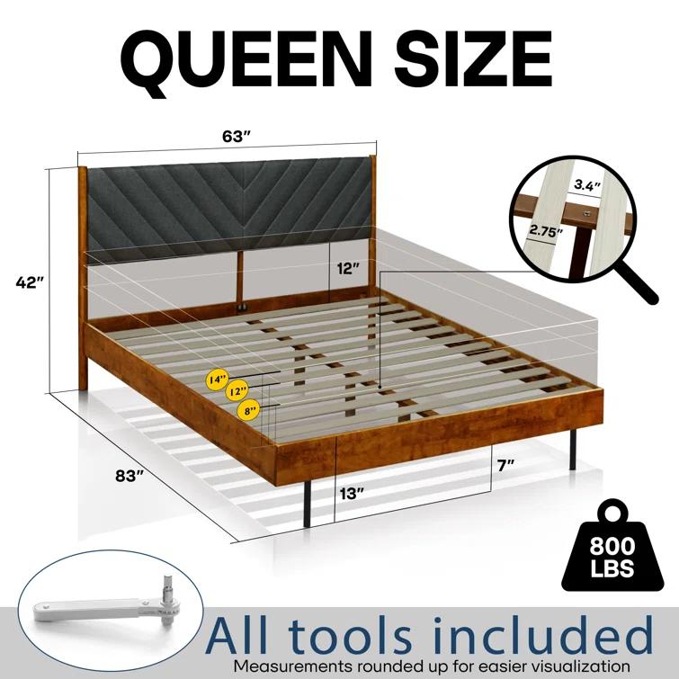 Felisha Solid Wood King Upholstered Bed Frame with Fabric Headboard, Contemporary Modern Upholstered Platform Bed