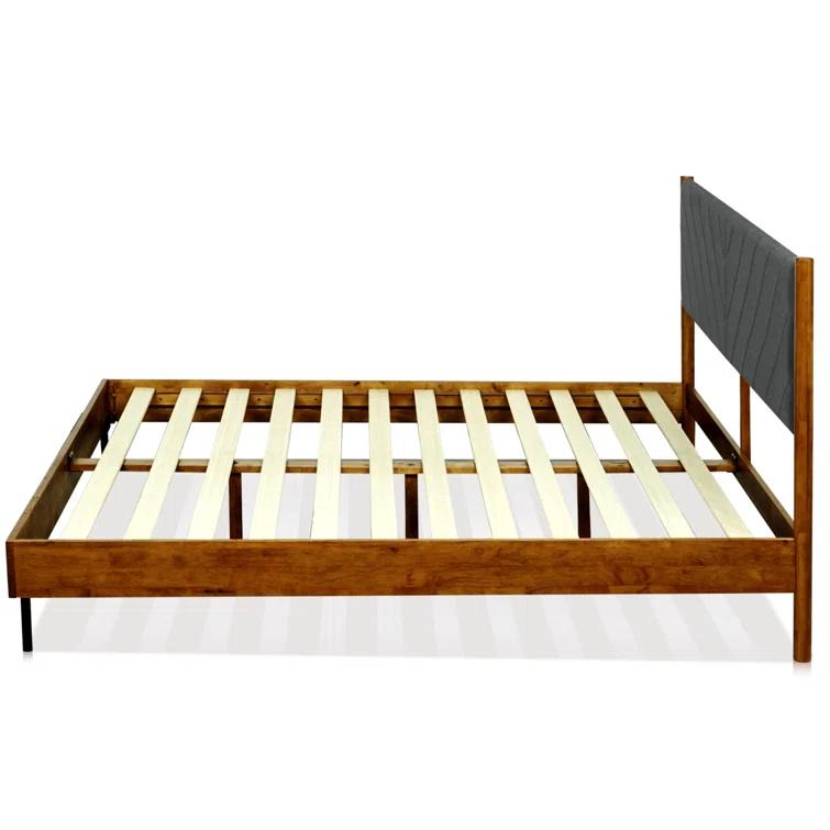 Felisha Solid Wood King Upholstered Bed Frame with Fabric Headboard, Contemporary Modern Upholstered Platform Bed