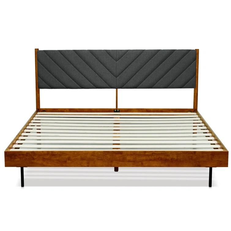 Felisha Solid Wood King Upholstered Bed Frame with Fabric Headboard, Contemporary Modern Upholstered Platform Bed