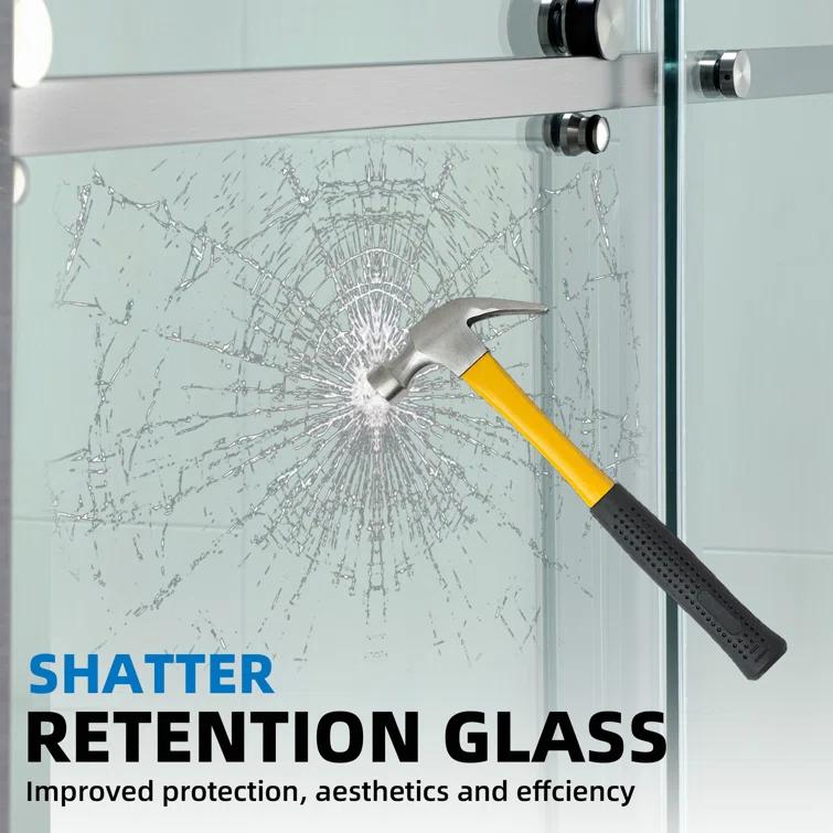 WoodBridge Semi-Frameless Single Sliding Shower Doors, 56-60" W X 76" H With 5/16" Clear Tempered Glass And Explosion-Proof Film MSDF6076-B