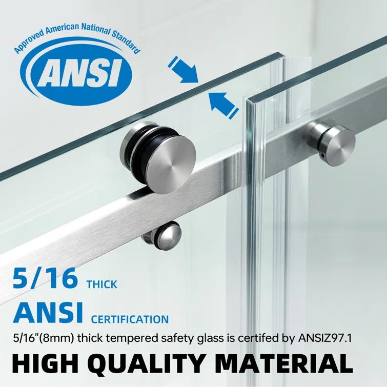 WoodBridge Semi-Frameless Single Sliding Shower Doors, 56-60" W X 76" H With 5/16" Clear Tempered Glass And Explosion-Proof Film MSDF6076-B