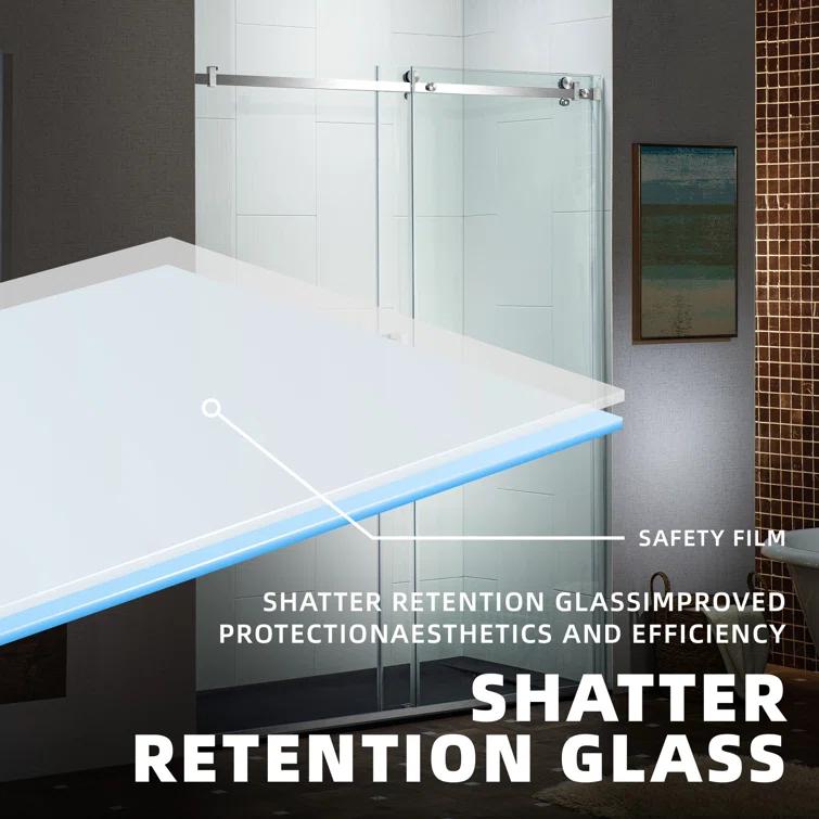 WoodBridge Semi-Frameless Single Sliding Shower Doors, 56-60" W X 76" H With 5/16" Clear Tempered Glass And Explosion-Proof Film MSDF6076-B