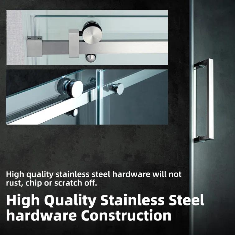WoodBridge Semi-Frameless Single Sliding Shower Doors, 56-60" W X 76" H With 5/16" Clear Tempered Glass And Explosion-Proof Film MSDF6076-B