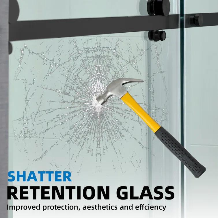 WoodBridge Semi-Frameless Single Sliding Shower Doors, 56-60" W X 76" H With 5/16" Clear Tempered Glass And Explosion-Proof Film MSDF6076-MBL
