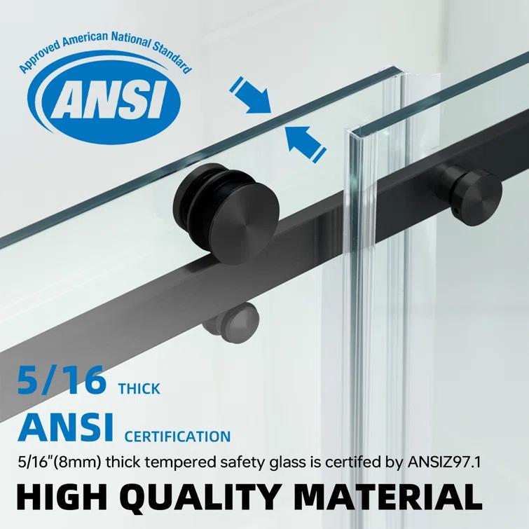WoodBridge Semi-Frameless Single Sliding Shower Doors, 56-60" W X 76" H With 5/16" Clear Tempered Glass And Explosion-Proof Film MSDF6076-MBL