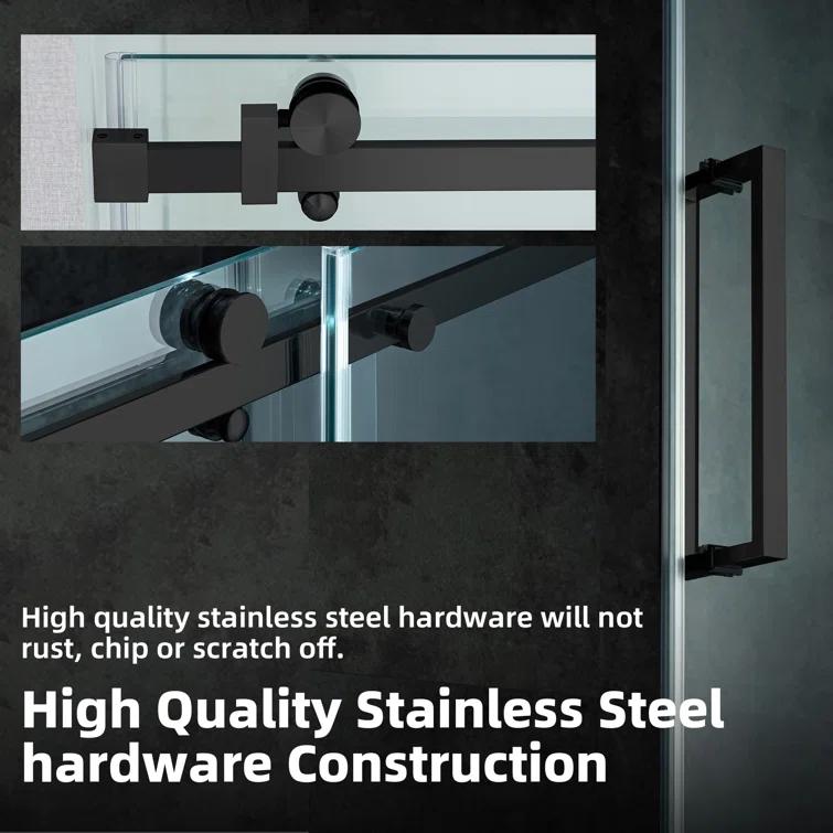 WoodBridge Semi-Frameless Single Sliding Shower Doors, 56-60" W X 76" H With 5/16" Clear Tempered Glass And Explosion-Proof Film MSDF6076-MBL