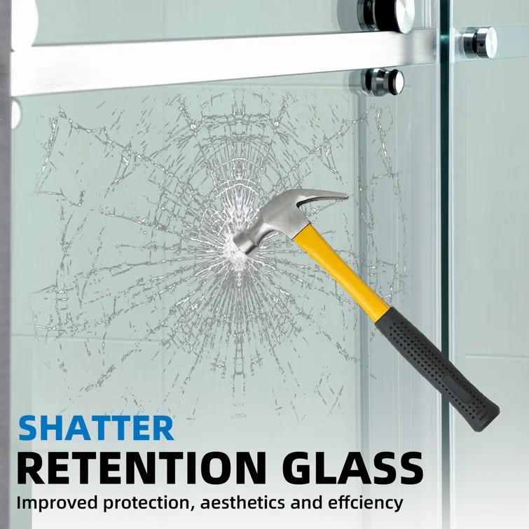 WoodBridge Semi-Frameless Single Sliding Shower Doors, 56-60" W X 76" H With 5/16" Clear Tempered Glass And Explosion-Proof Film MSDF6076-C