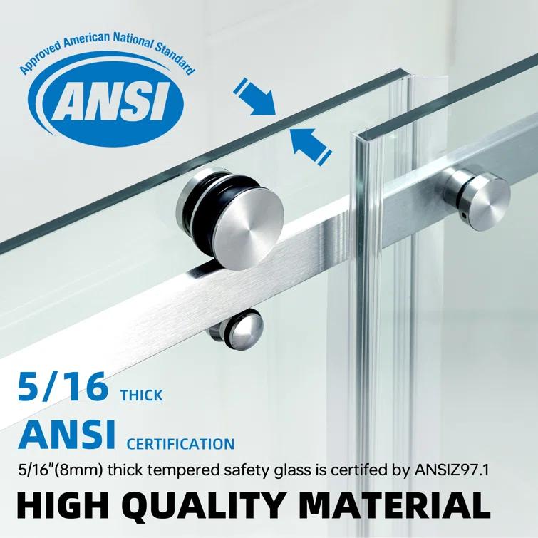 WoodBridge Semi-Frameless Single Sliding Shower Doors, 56-60" W X 76" H With 5/16" Clear Tempered Glass And Explosion-Proof Film MSDF6076-C