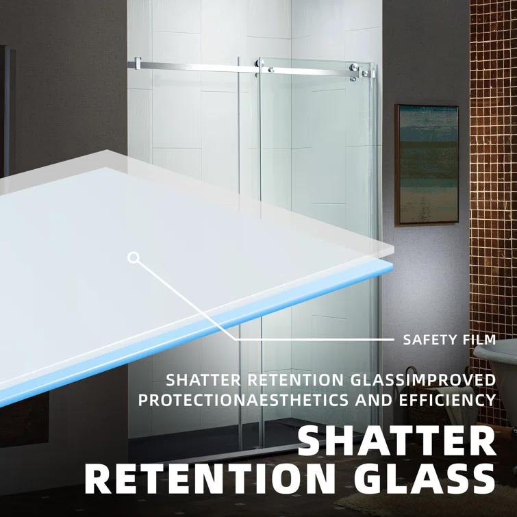 WoodBridge Semi-Frameless Single Sliding Shower Doors, 56-60" W X 76" H With 5/16" Clear Tempered Glass And Explosion-Proof Film MSDF6076-C
