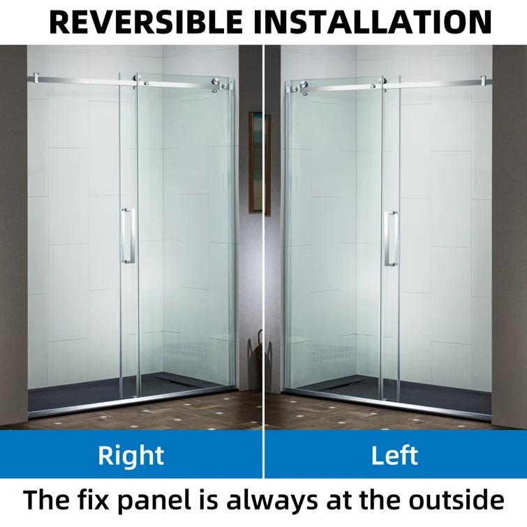 WoodBridge Semi-Frameless Single Sliding Shower Doors, 56-60" W X 76" H With 5/16" Clear Tempered Glass And Explosion-Proof Film MSDF6076-C