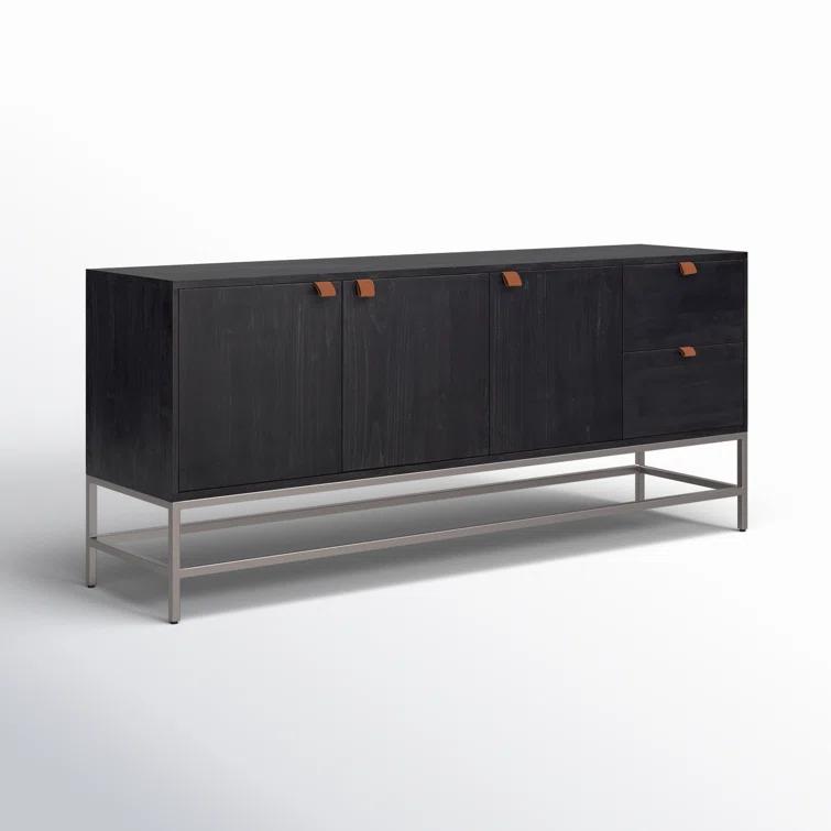 Auburn Poplar Wood 72" Sideboard with Leather Pulls and Iron Base