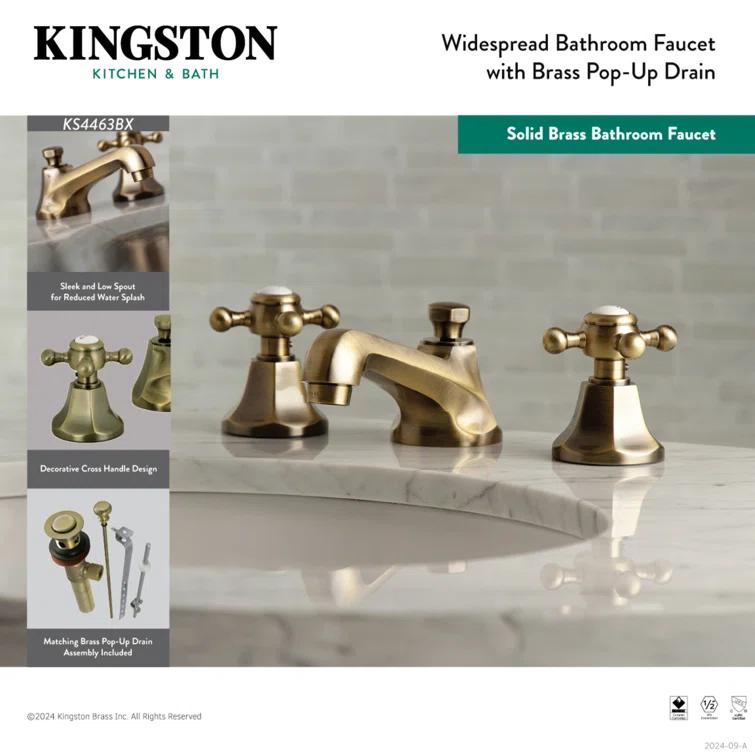 Kingston Brass Metropolitan Two-Handle 3-Hole Deck Mount Widespread Bathroom Faucet with Brass Pop-Up Drain