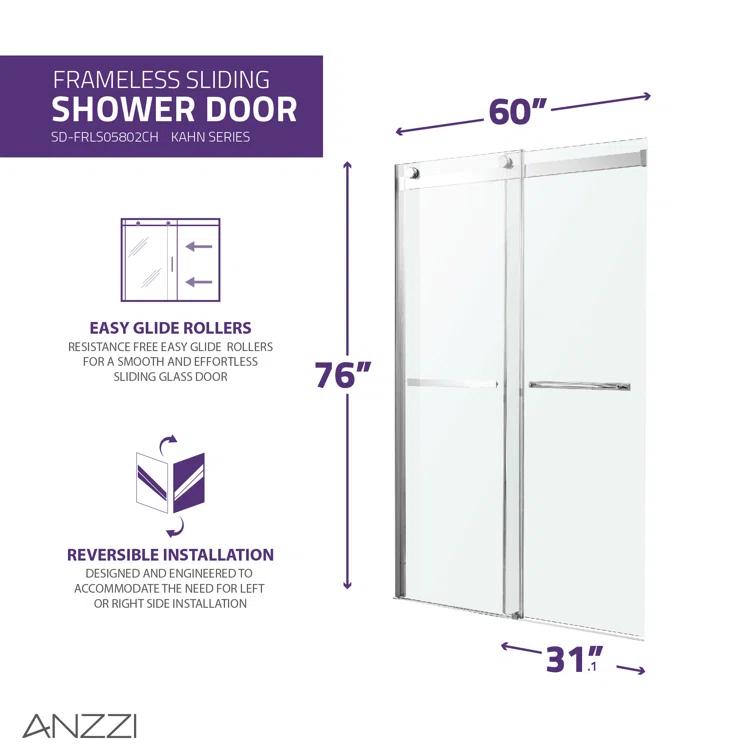 Kahn 60" W x 76" H Double Sliding Frameless Shower Door