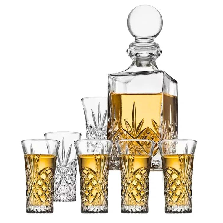 Godinger Silver 7pc Dublin Crystal Spirits Decanter and Shot Glass Set: Hand Wash, Dishwasher-Safe, Service for 6