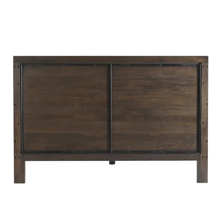 King Dark Brown Mango Wood Platform Bed with Carved Headboard