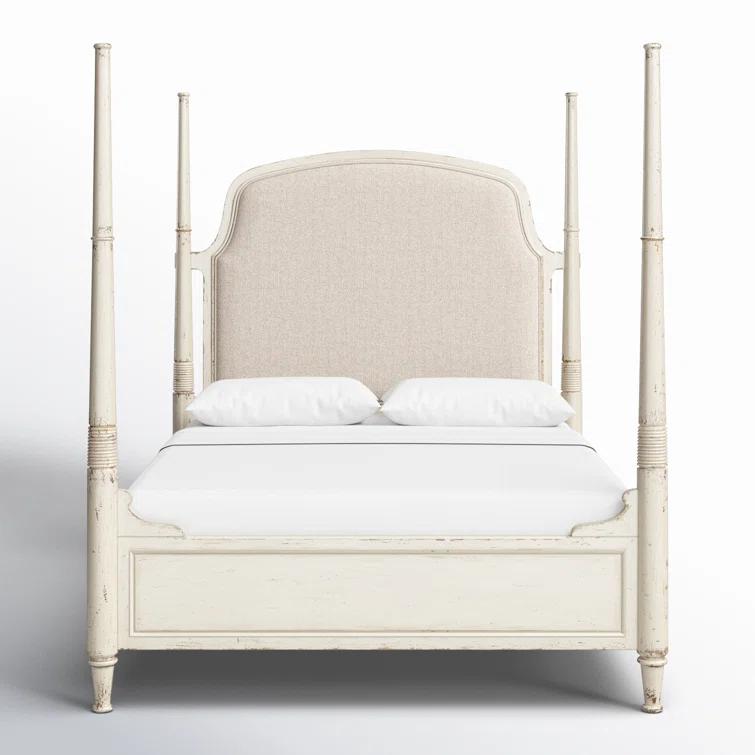 Beige Queen Upholstered Poster Bed with Wood Frame
