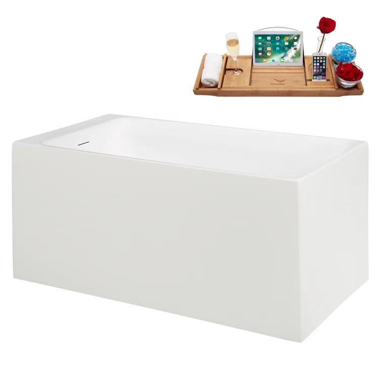 51" Streamline Soaking Glossy White Acrylic Freestanding Bathtub, Bamboo Tray, Drain