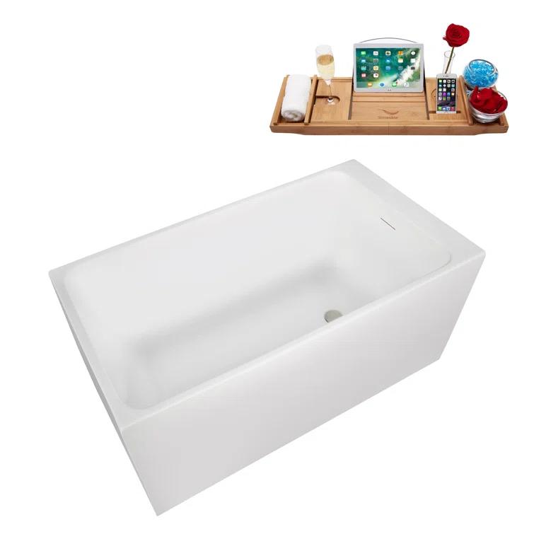 Streamline Bath 51" Streamline Soaking Glossy White Acrylic Freestanding Bathtub, Bamboo Tray, Drain B-520-244-BNK