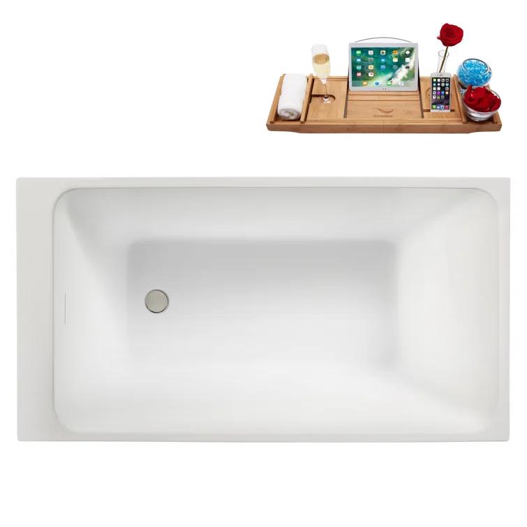 Streamline Bath 51" Streamline Soaking Glossy White Acrylic Freestanding Bathtub, Bamboo Tray, Drain B-520-244-BNK