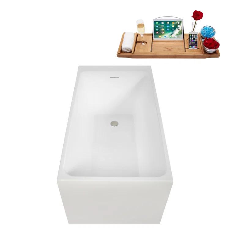 Streamline Bath 51" Streamline Soaking Glossy White Acrylic Freestanding Bathtub, Bamboo Tray, Drain B-520-244-BNK