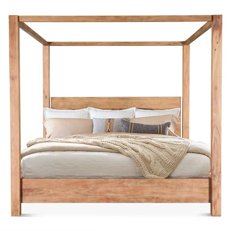 King Brushed Acacia Wood Canopy Bed Frame