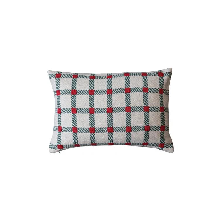 Festive Green and Red Plaid Cotton Lumbar Pillow