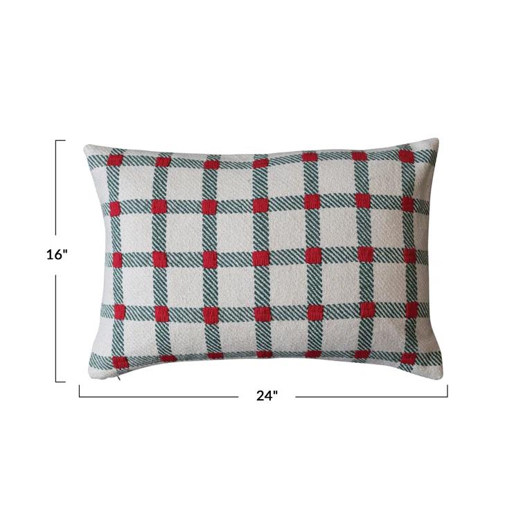Festive Green and Red Plaid Cotton Lumbar Pillow