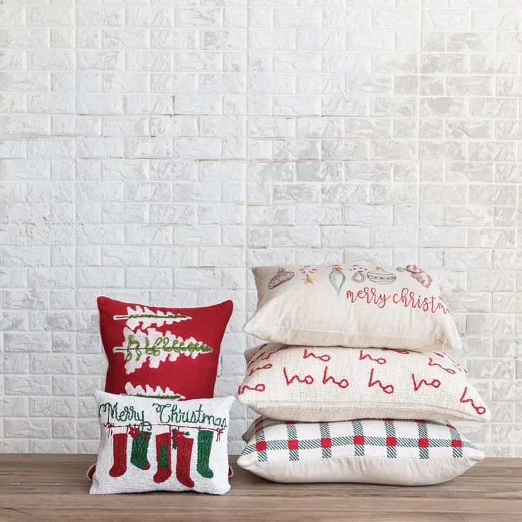 Festive Green and Red Plaid Cotton Lumbar Pillow