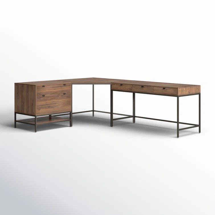 Auburn Poplar and Black Metal L-Shaped Executive Desk