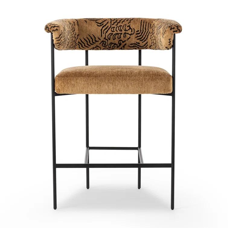 Camel Rayon Upholstered Counter Stool with Matte Black Metal Frame