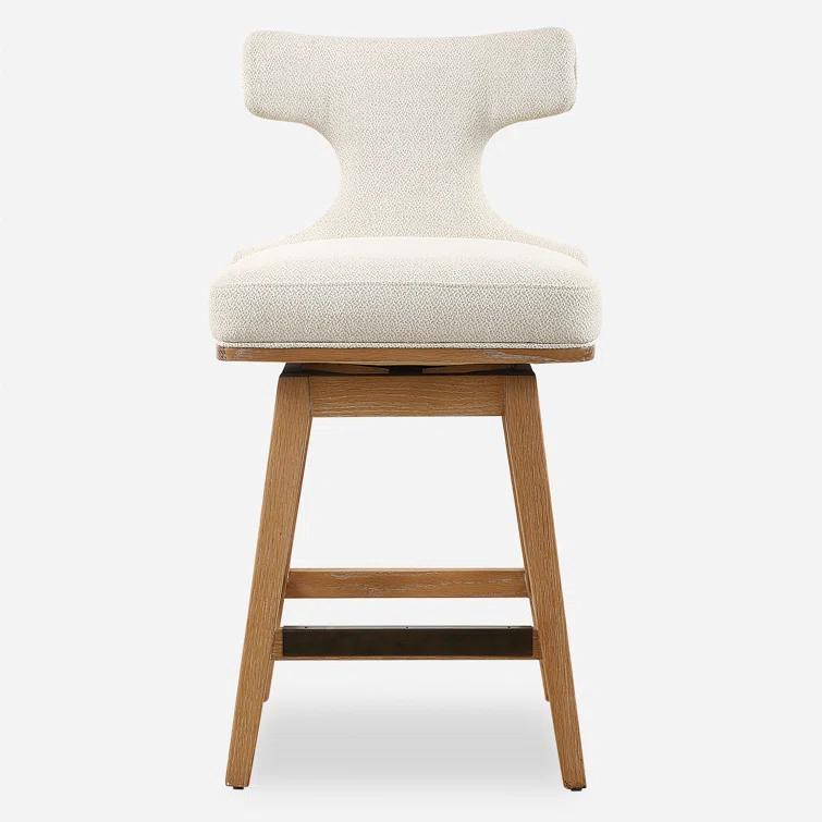 Mid-Century Modern White Fabric Swivel Counter Stool with Oak Legs